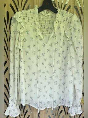 By The River Women’s Size M Blouse Top Floral Long Sleeve Smocked Ruffles